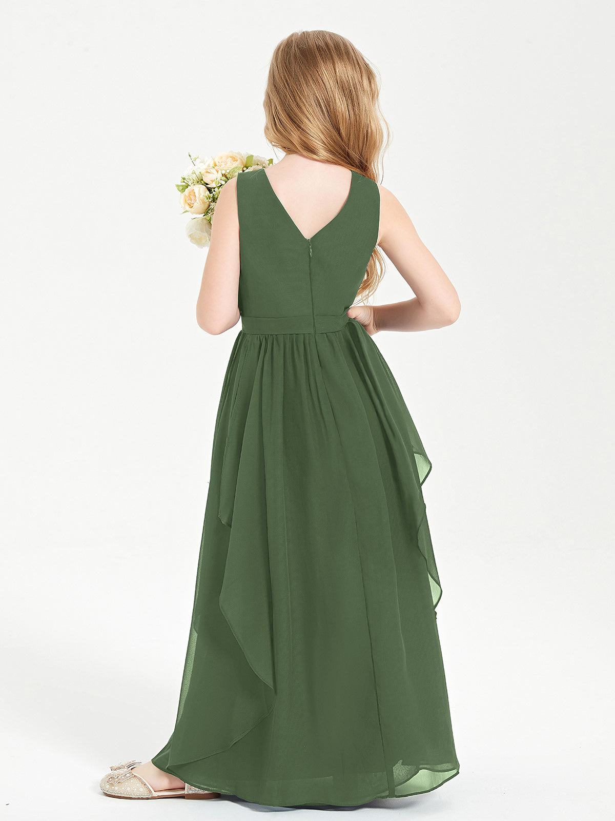 Boho Sleeveless Junior Chiffon Bridesmaids Gown Olive Green